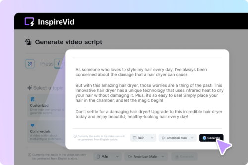 InspireVid AI Video Generator helps you effortlessly create impressive videos with professional AI. All you need is an idea. It’s perfect for content creators, YouTubers, and marketers.